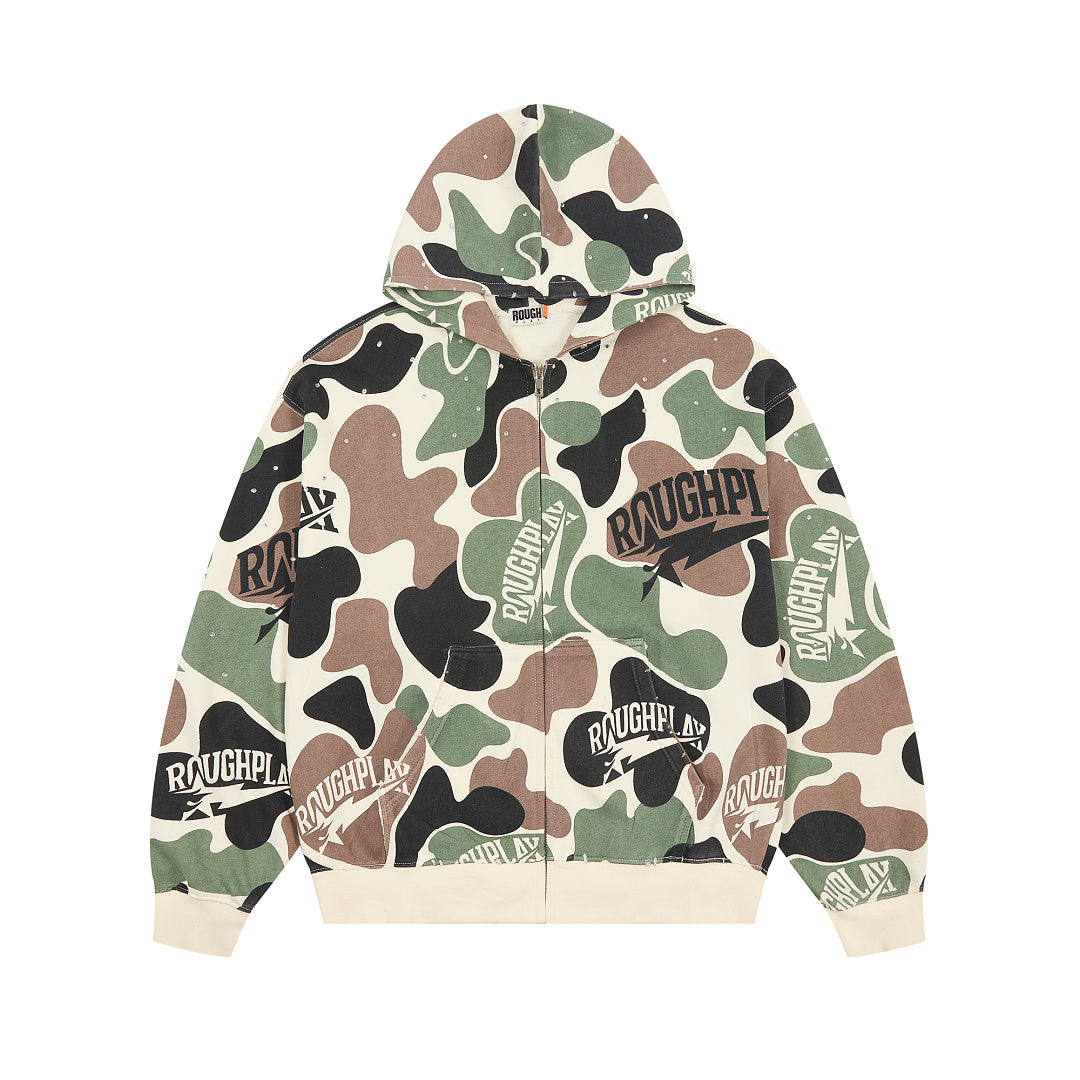 Rough Play All-Over Camo Oversized Zip Hoodie — Cream