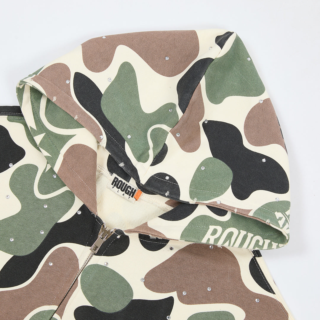 Rough Play All-Over Camo Oversized Zip Hoodie — Cream