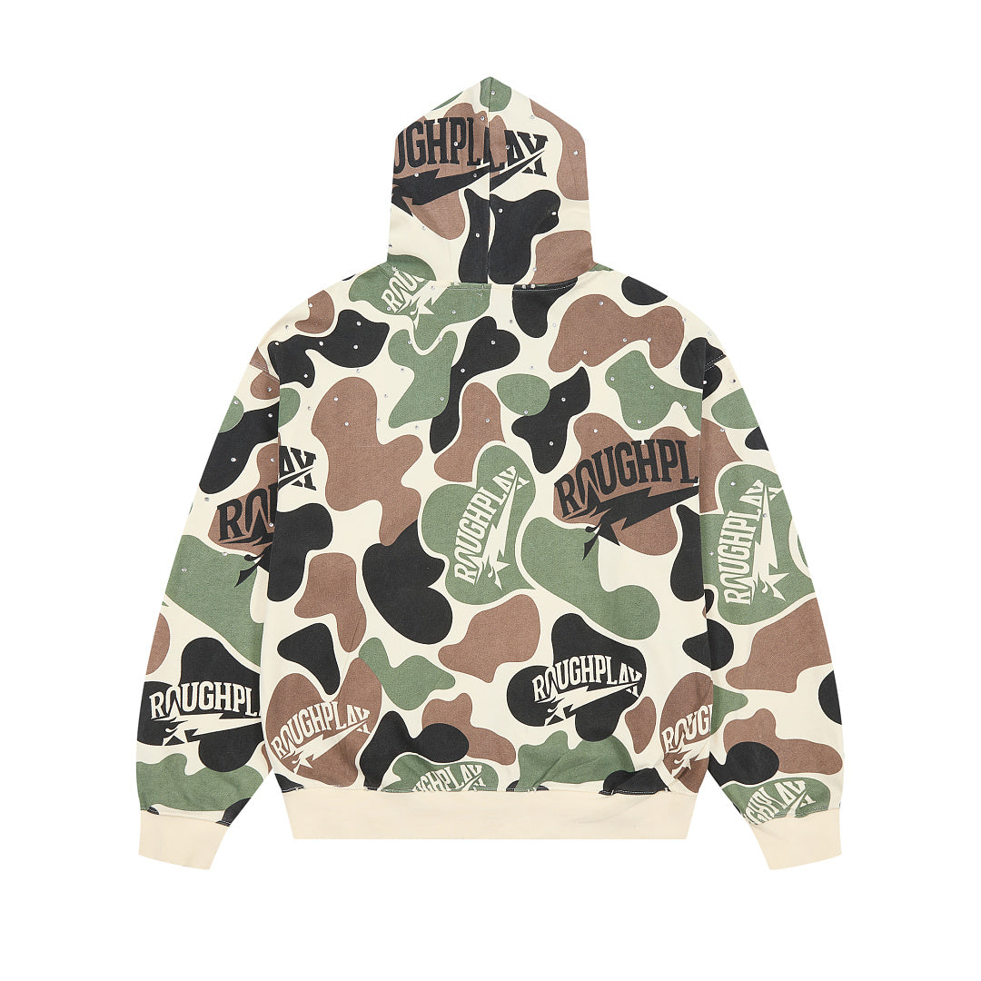 Rough Play All-Over Camo Oversized Zip Hoodie — Cream