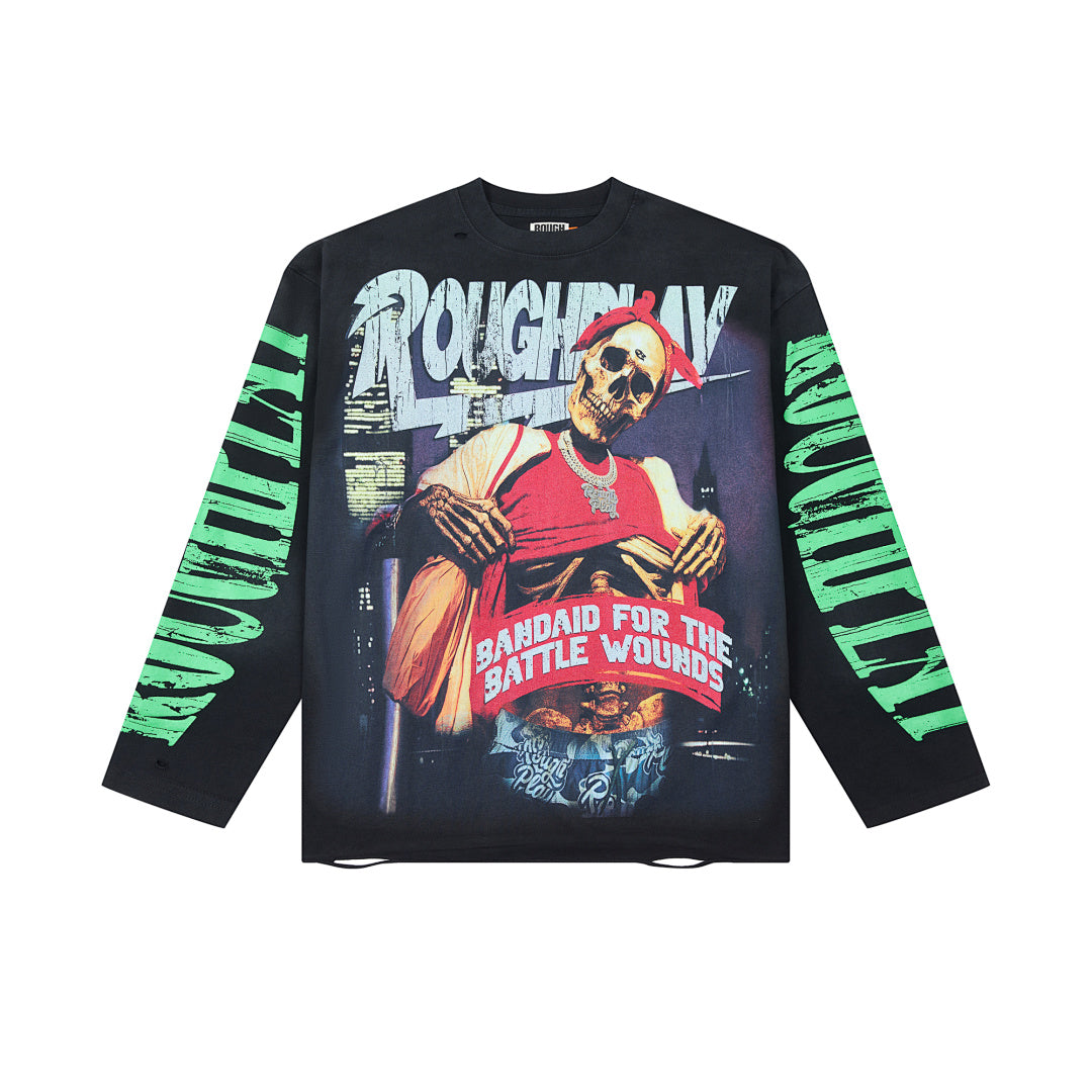 Rough Play Skeleton Wrestler Oversized Long Sleeve Tee — Black
