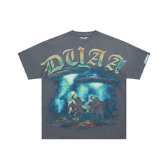 DUAA UFO Abduction Oversized Graphic Tee — Washed Grey