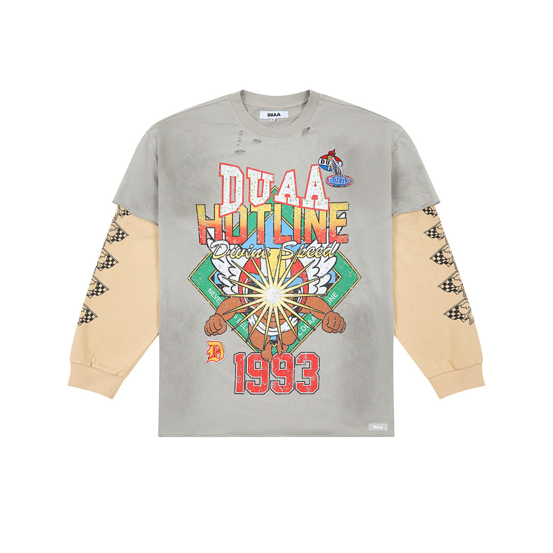 DUAA Hotline Drivin’ Speed 1993 Double Layer Long Sleeve Tee — Grey / Cream