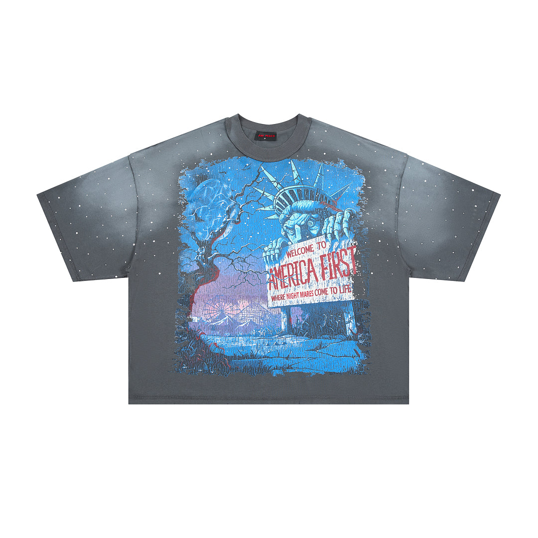Rare Peace America First Oversized Graphic Tee — Washed Grey