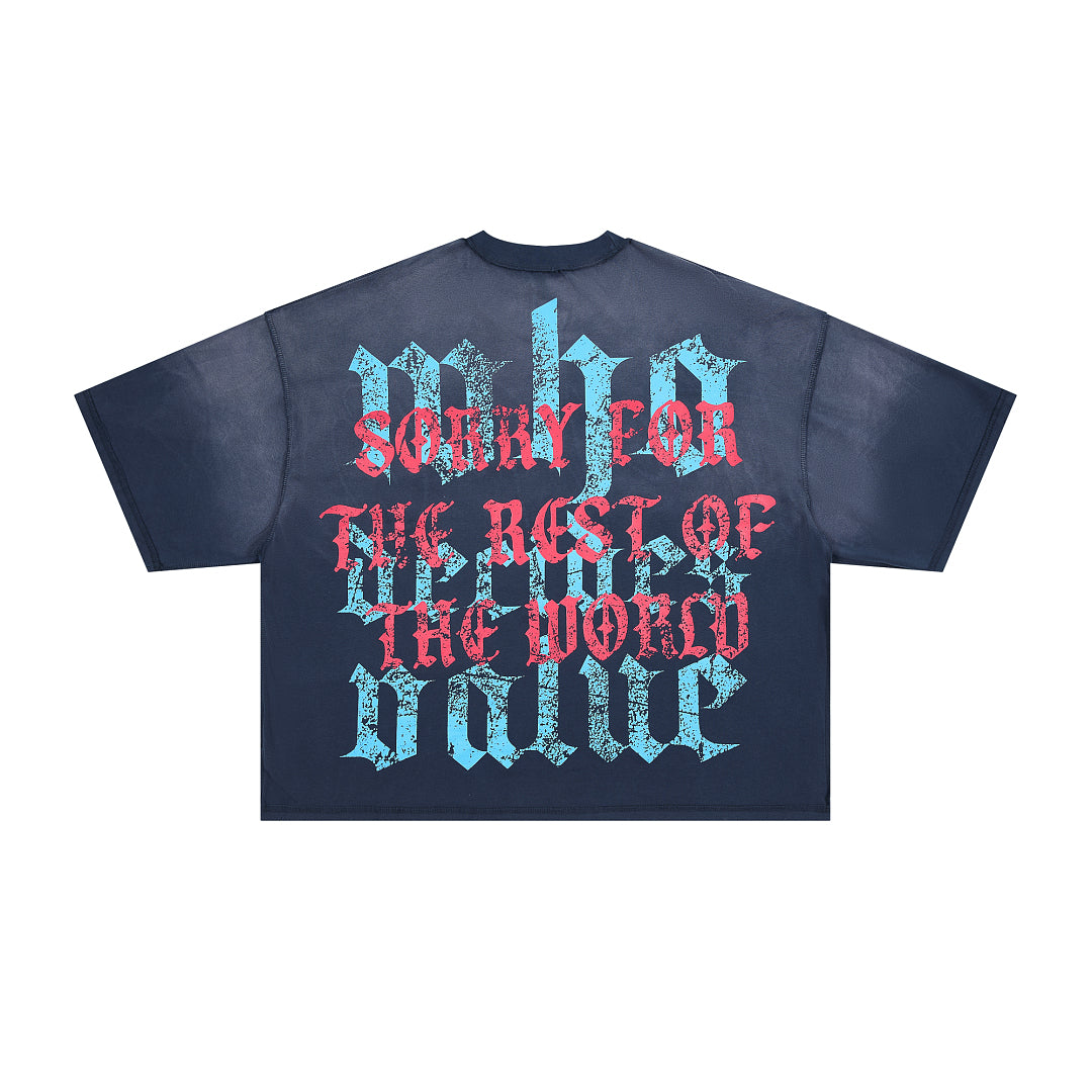 Rare Peace Sorry For The Rest Of The World Oversized Graphic Tee — Navy