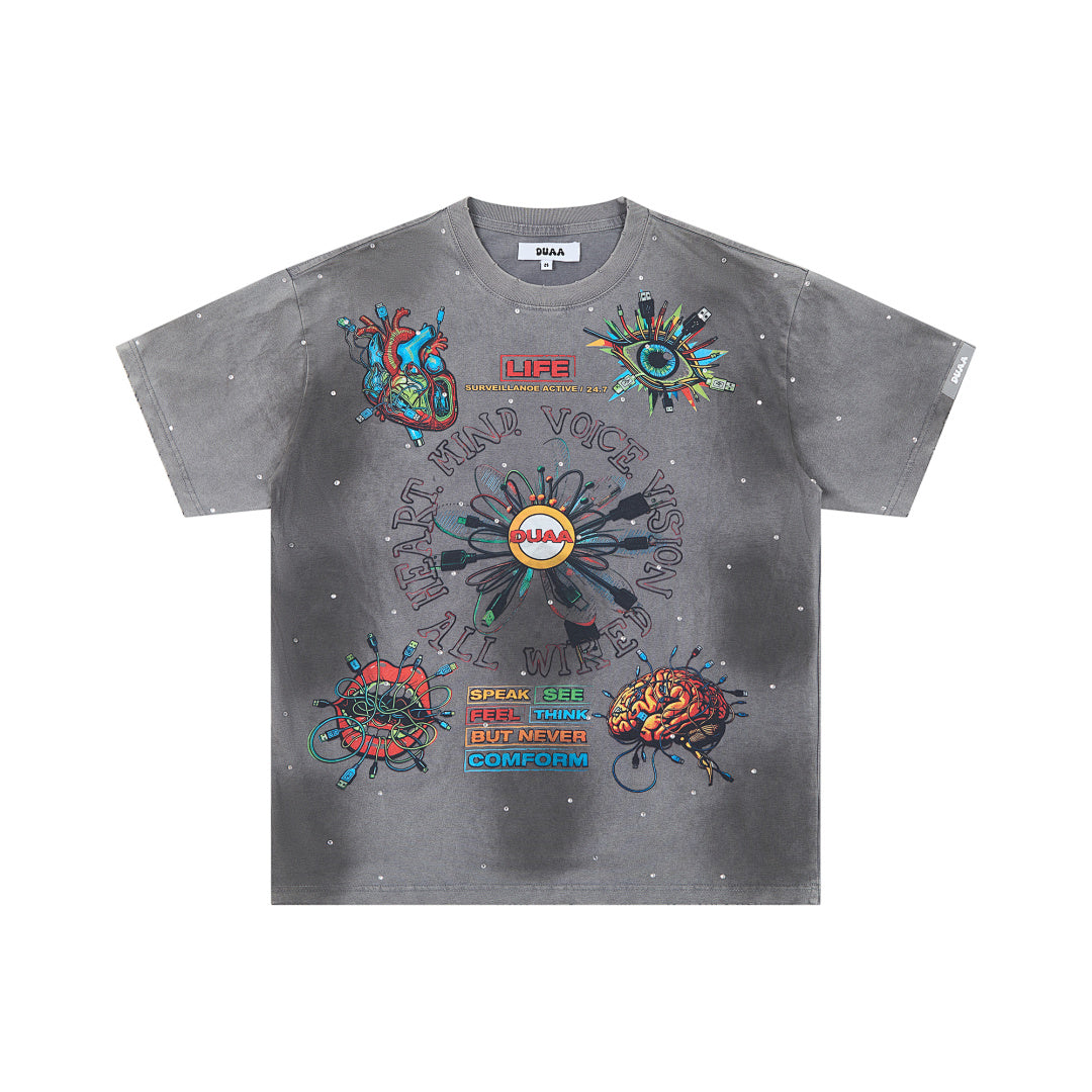 DUAA All Wired Oversized Graphic Tee — Grey