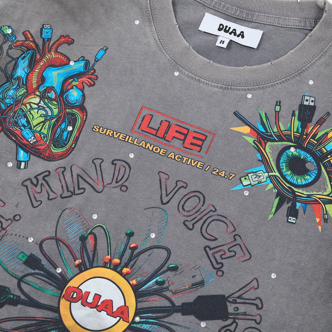 DUAA All Wired Oversized Graphic Tee — Grey