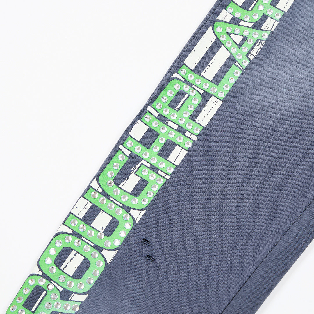 Rough Play Rhinestone Wordmark Oversized Sweatpants — Slate