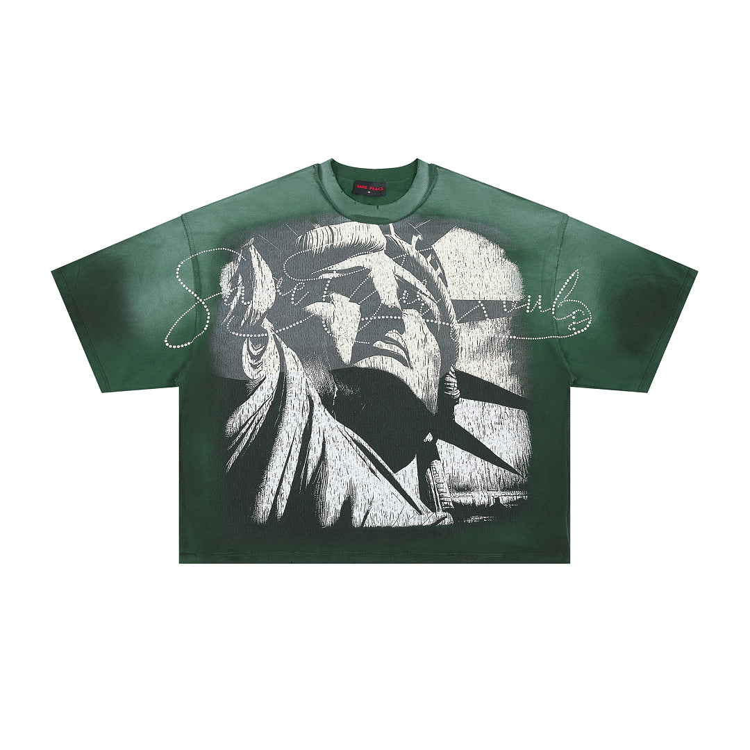 Rare Peace Lady Liberty Oversized Graphic Tee - Forest Green