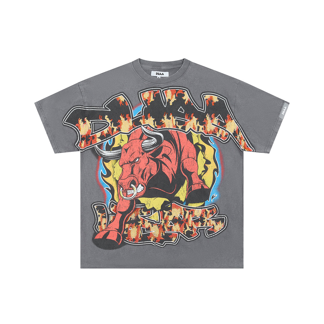 DUAA Raging Bull Oversized Graphic Tee — Washed Grey