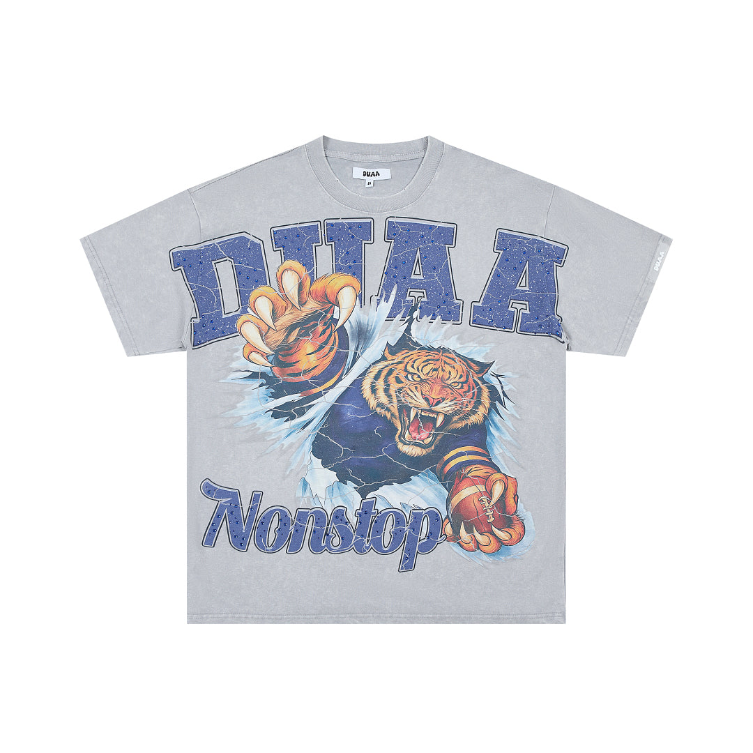 DUAA Nonstop Tiger Oversized Graphic Tee — Light Grey