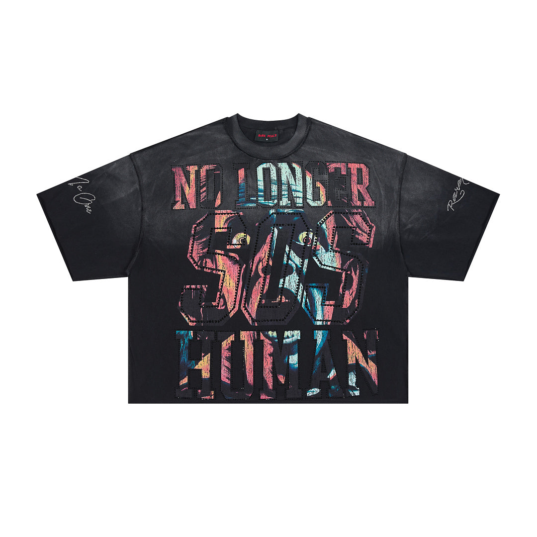 Rare Peace No Longer Human Oversized Graphic Tee — Washed Black