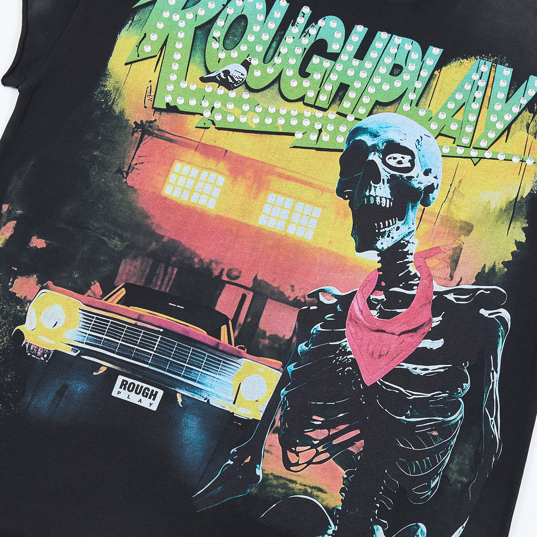 Rough Play Skeleton Cruiser Oversized Graphic Tee — Washed Black