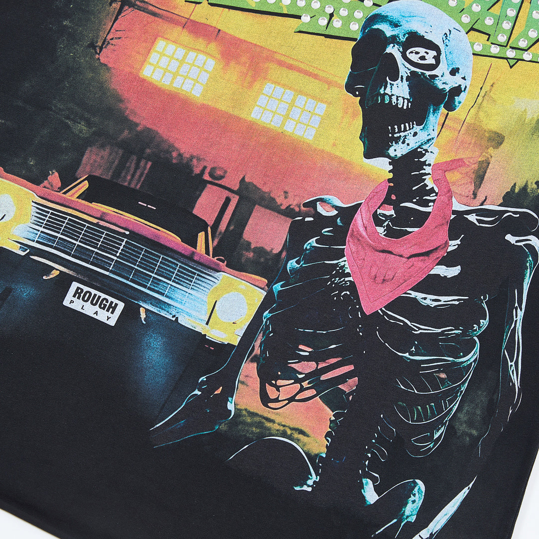 Rough Play Skeleton Cruiser Oversized Graphic Tee — Washed Black