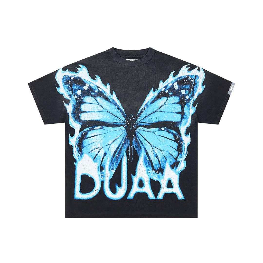 DUAA Blue Flame Butterfly Oversized Graphic Tee — Black