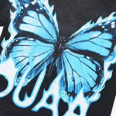 DUAA Blue Flame Butterfly Oversized Graphic Tee — Black