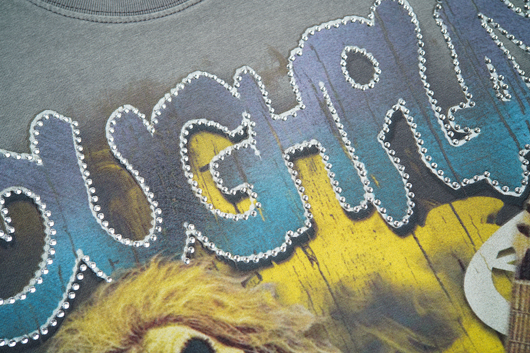 Rough Play Skeleton Guitarist Oversized Graphic Tee — Grey