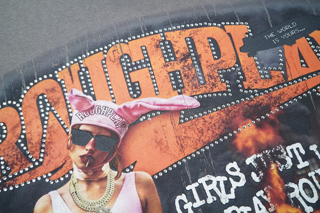 Rough Play Girls Just Wanna Play Rough Oversized Graphic Tee — Grey