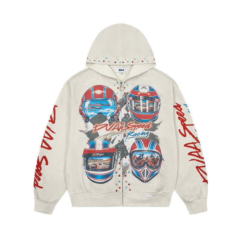 DUAA Velocity Speed Racing Oversized Zip Hoodie — Washed Beige
