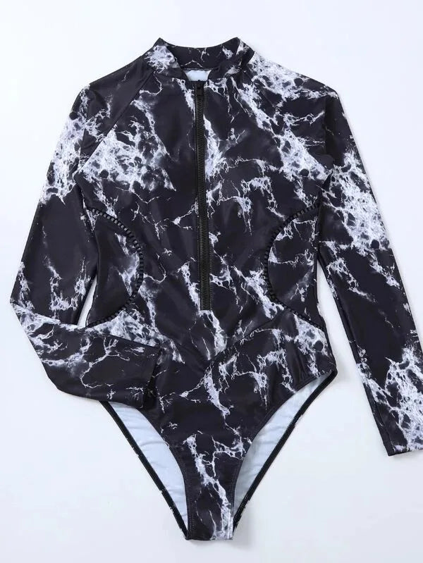 White Solid Color One-Piece Swimsuit Long Sleeve Swimwear Sports Women's Swimming Bathing Suit Beach Bather Surfing Swim Wear