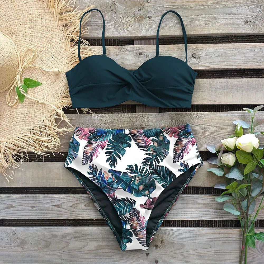 High Waist Bikini Set Women Bikini Flower Swimwear Vintage Halter neck Swimsuit Female Biquini Bain Deep Blue Bathing Suit
