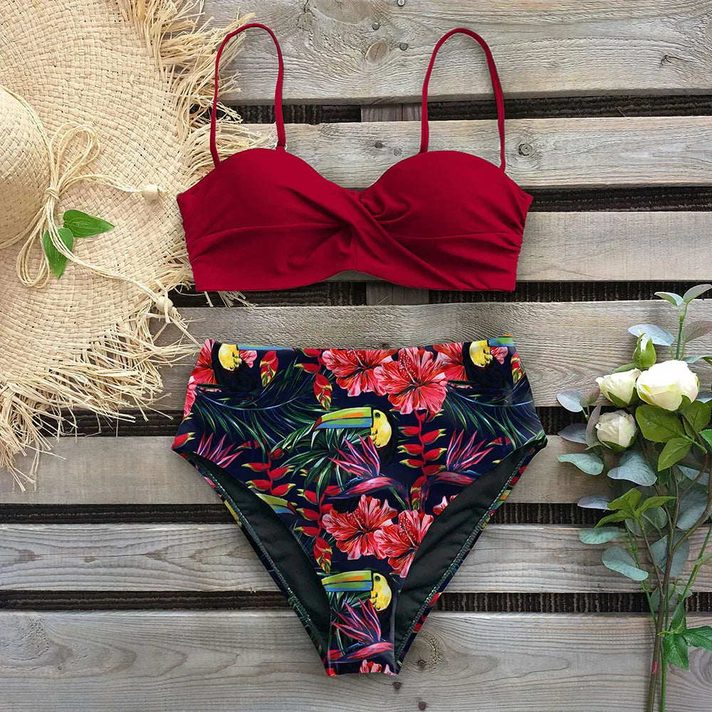 High Waist Bikini Set Women Bikini Flower Swimwear Vintage Halter neck Swimsuit Female Biquini Bain Deep Blue Bathing Suit