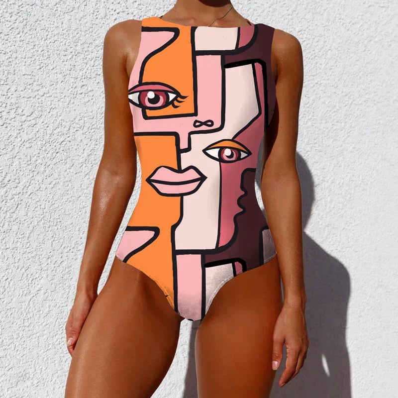 Print One Piece Swimsuit Push Up Swimwear Women Vintage Retro Bathing Suits Bodysuit Beach Wear Backless Monokini Pool