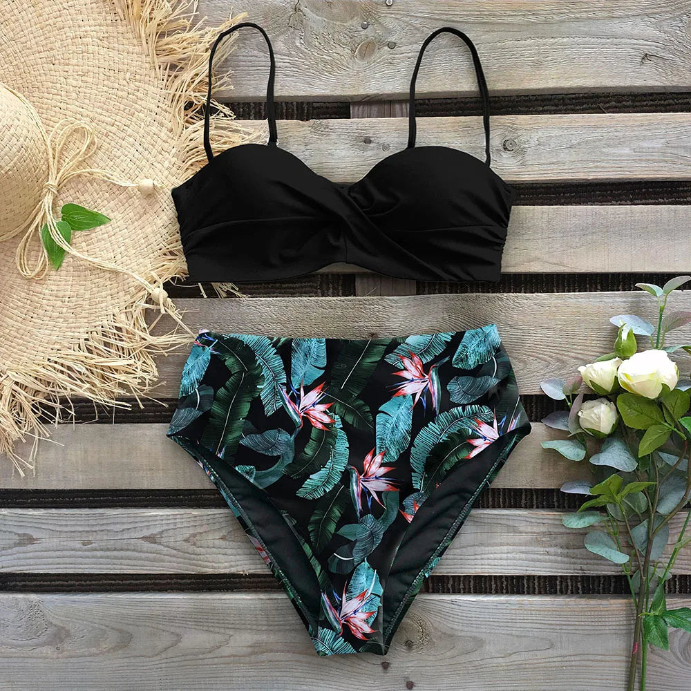 High Waist Bikini Set Women Bikini Flower Swimwear Vintage Halter neck Swimsuit Female Biquini Bain Deep Blue Bathing Suit