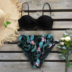 High Waist Bikini Set Women Bikini Flower Swimwear Vintage Halter neck Swimsuit Female Biquini Bain Deep Blue Bathing Suit