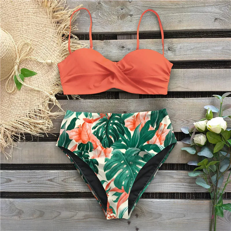 High Waist Bikini Set Women Bikini Flower Swimwear Vintage Halter neck Swimsuit Female Biquini Bain Deep Blue Bathing Suit