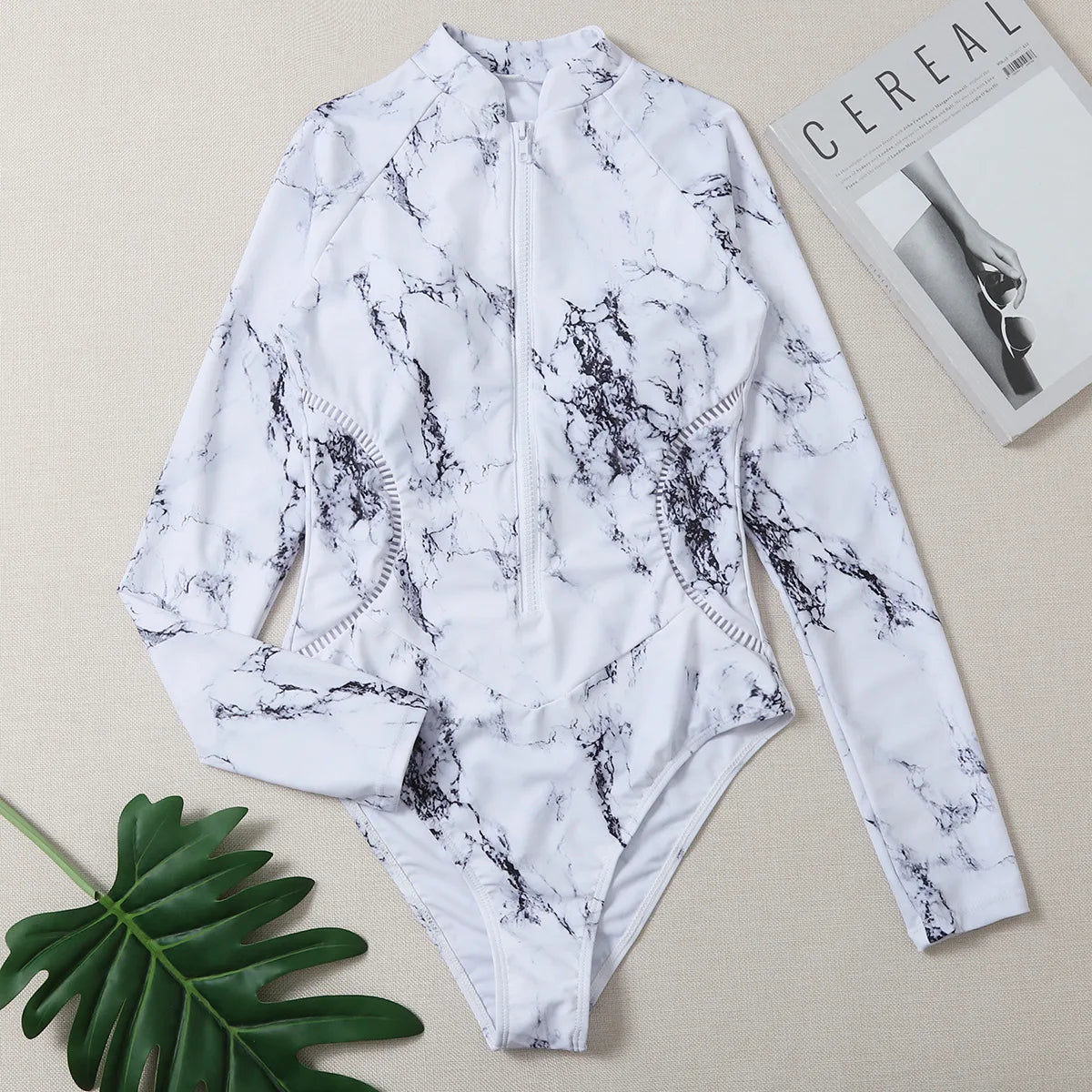 White Solid Color One-Piece Swimsuit Long Sleeve Swimwear Sports Women's Swimming Bathing Suit Beach Bather Surfing Swim Wear