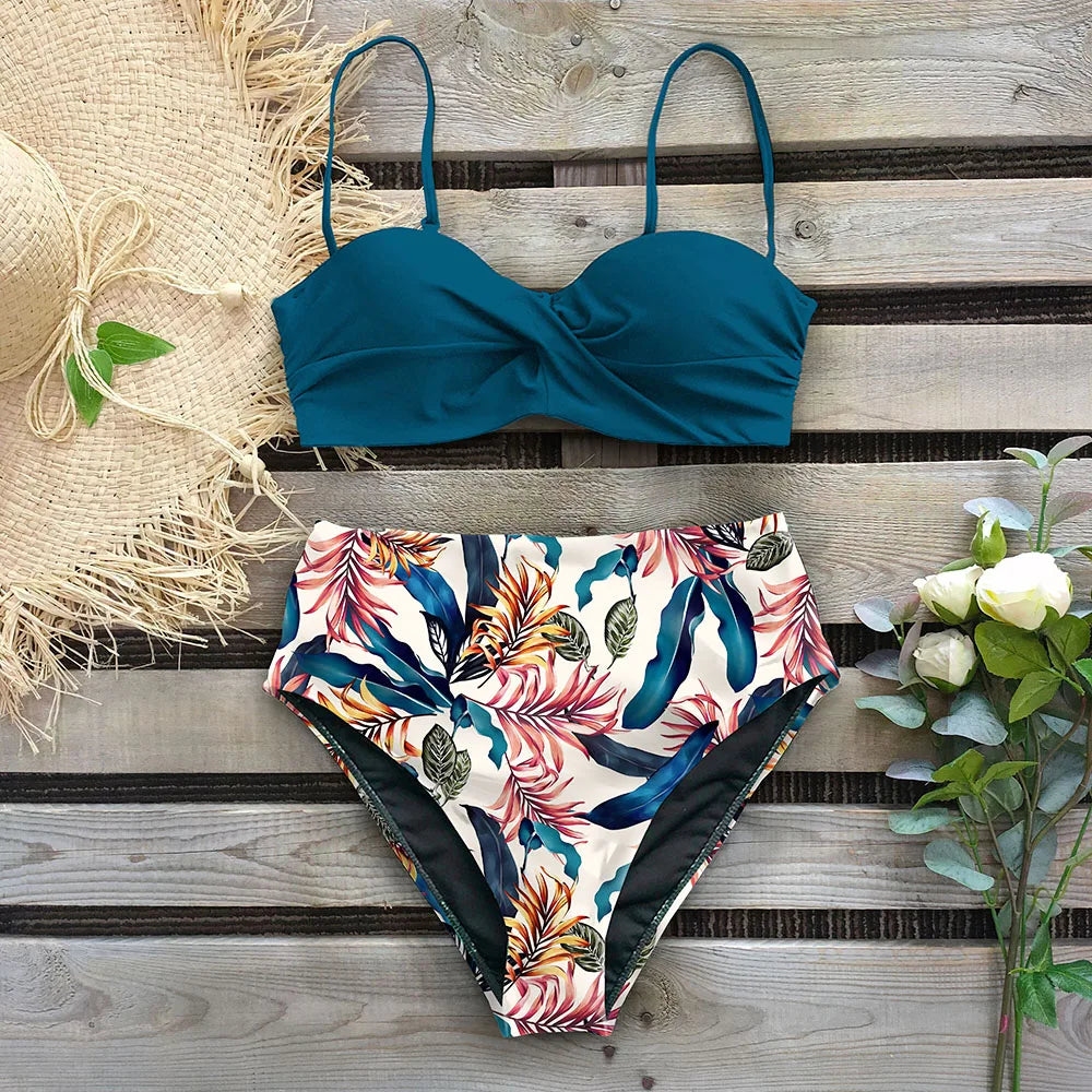 High Waist Bikini Set Women Bikini Flower Swimwear Vintage Halter neck Swimsuit Female Biquini Bain Deep Blue Bathing Suit