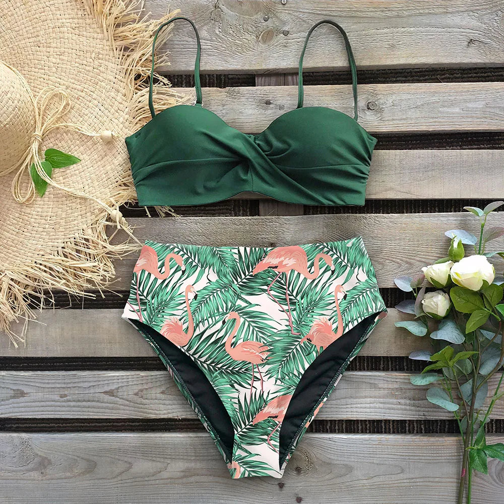 High Waist Bikini Set Women Bikini Flower Swimwear Vintage Halter neck Swimsuit Female Biquini Bain Deep Blue Bathing Suit