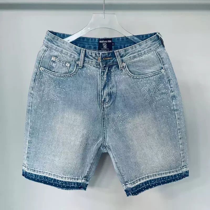 Mixed Emotion Washed Denim Shorts – White Rhinestone Print