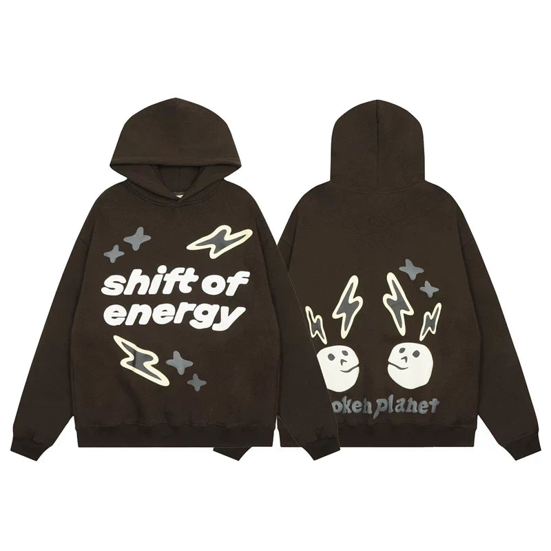 Broken Planet Shift Of Energy Dark Brown Oversized Graphic Hoodie