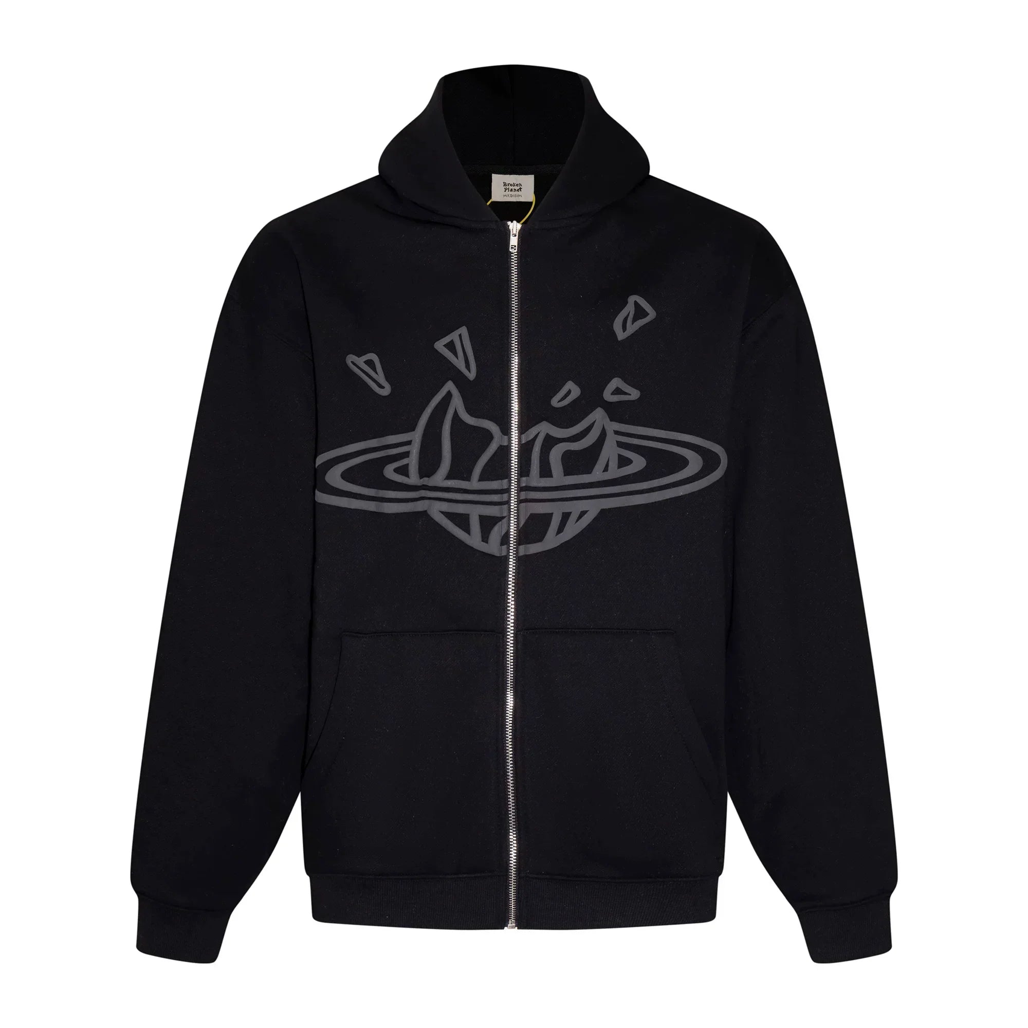 Broken Planet Outline Cracked Planet Black Zip Hoodie