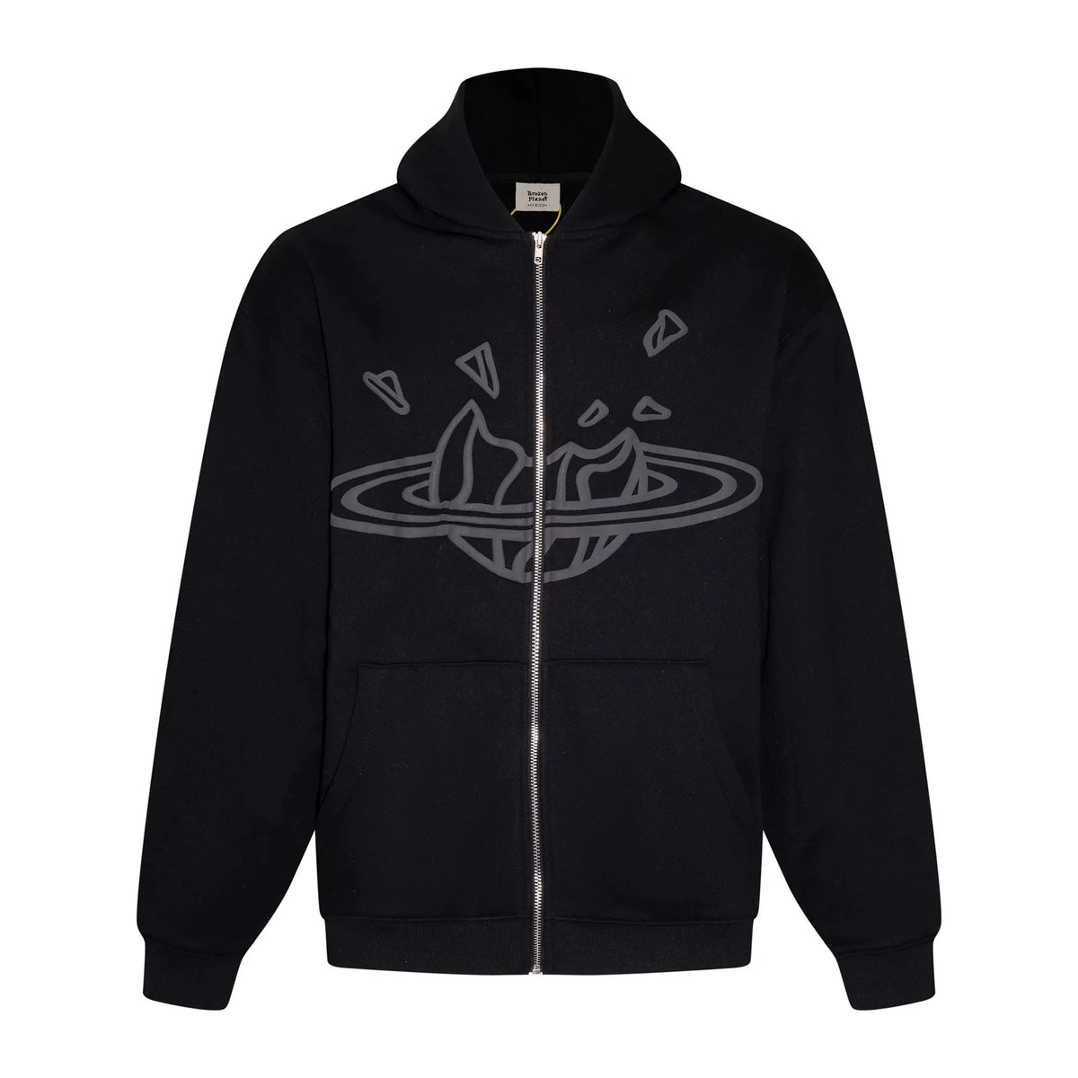 Broken Planet Outline Cracked Planet Black Zip Hoodie