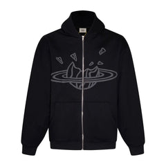 Broken Planet Outline Cracked Planet Black Zip Hoodie