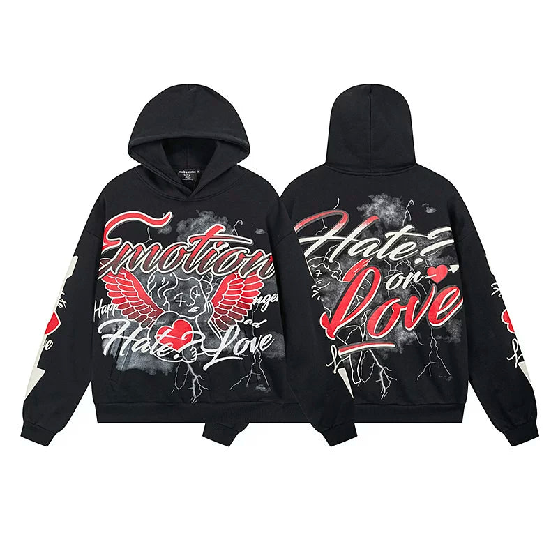 Mixed Emotion Hate Or Love Front‑Back Print Pullover Hoodie