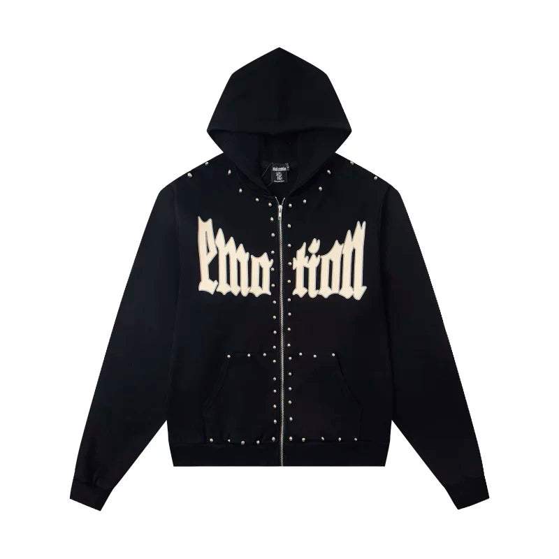 Mixed Emotion Studded Gothic Logo Zip‑Up Hoodie