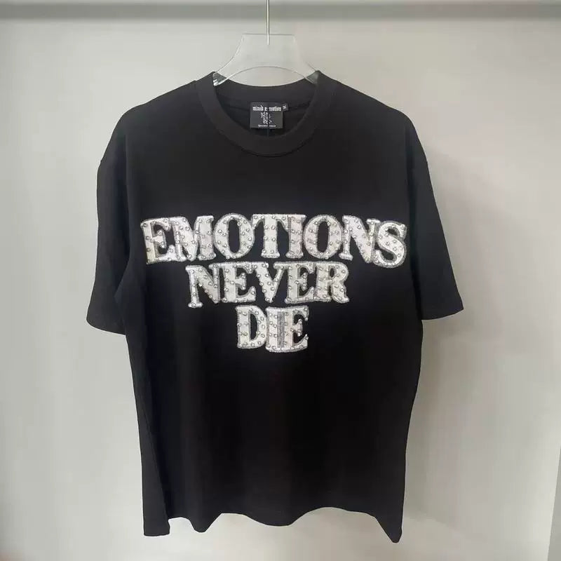 Mixed Emotion White Tee – Studded Emotions Never Die Back Print