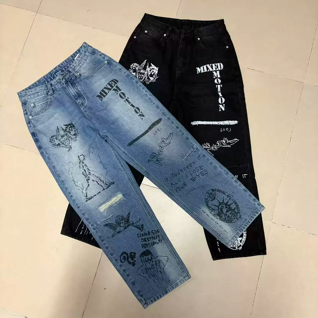 Mixed Motion Angel Sketch Print Baggy Denim Jeans