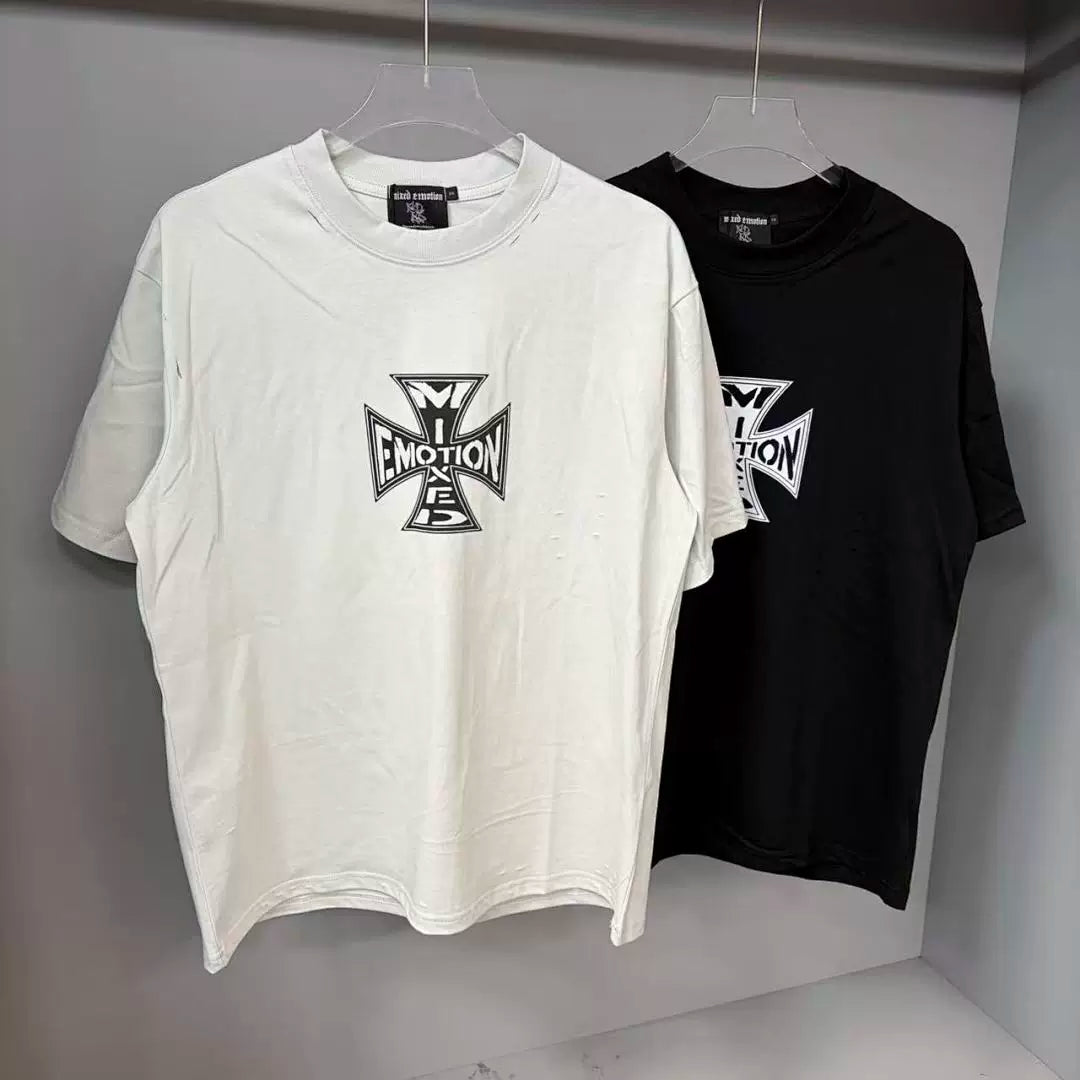 Mixed Emotion Cross Logo Distressed Short Sleeve T‑Shirt