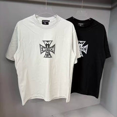 Mixed Emotion Cross Logo Distressed Short Sleeve T‑Shirt