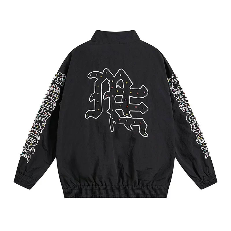 Mixed Emotion Rhinestone Logo Zip‑Up Track Jacket