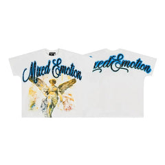 Mixed Emotion White Tee – Gradient Logo Angel Statue Print