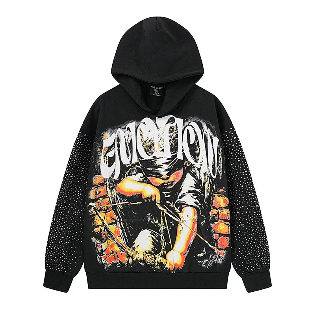 Mixed Emotion Vintage Archer Graphic Rhinestone‑Sleeve Hoodie