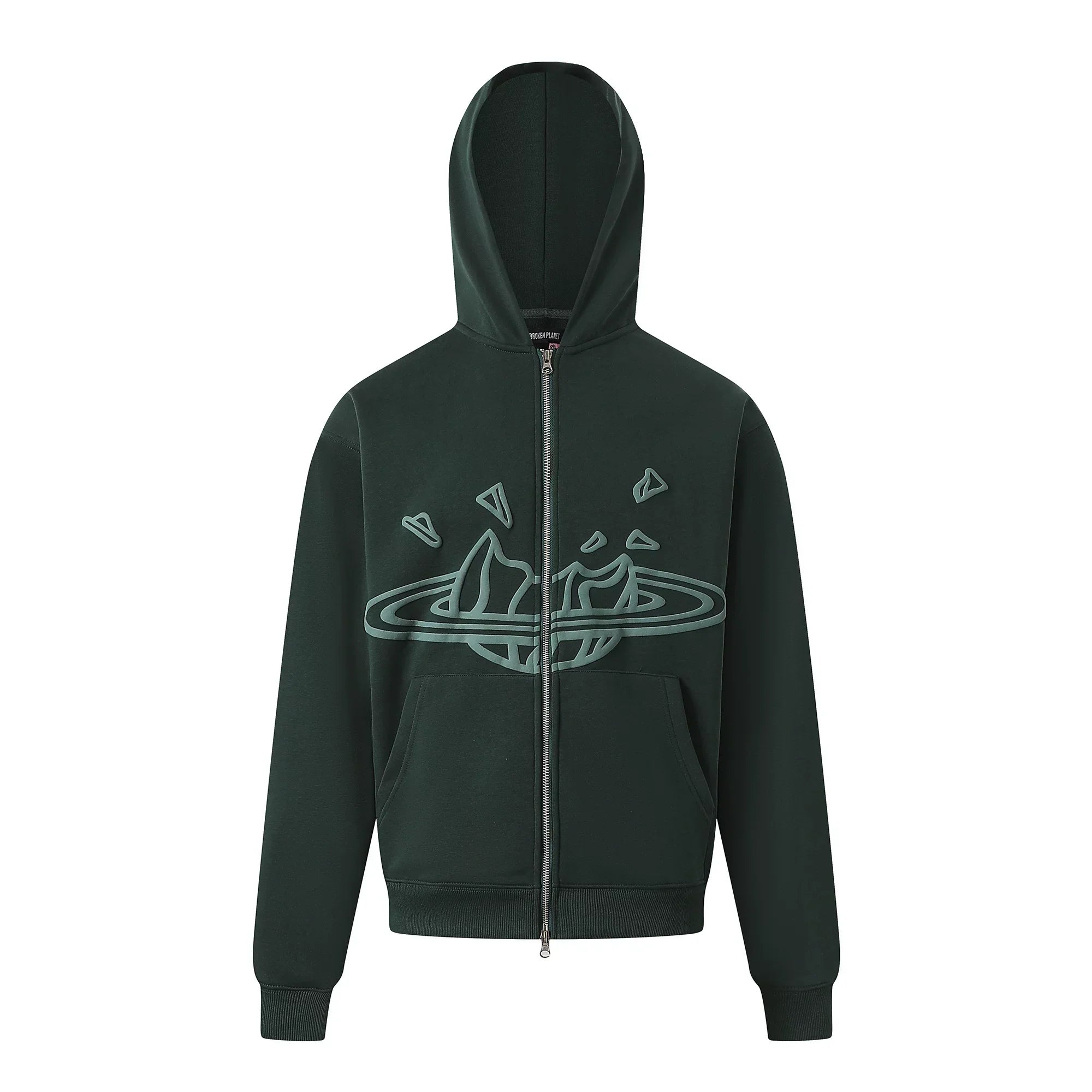 Broken Planet Outline Cracked Planet Forest Green Zip Hoodie