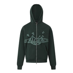 Broken Planet Outline Cracked Planet Forest Green Zip Hoodie