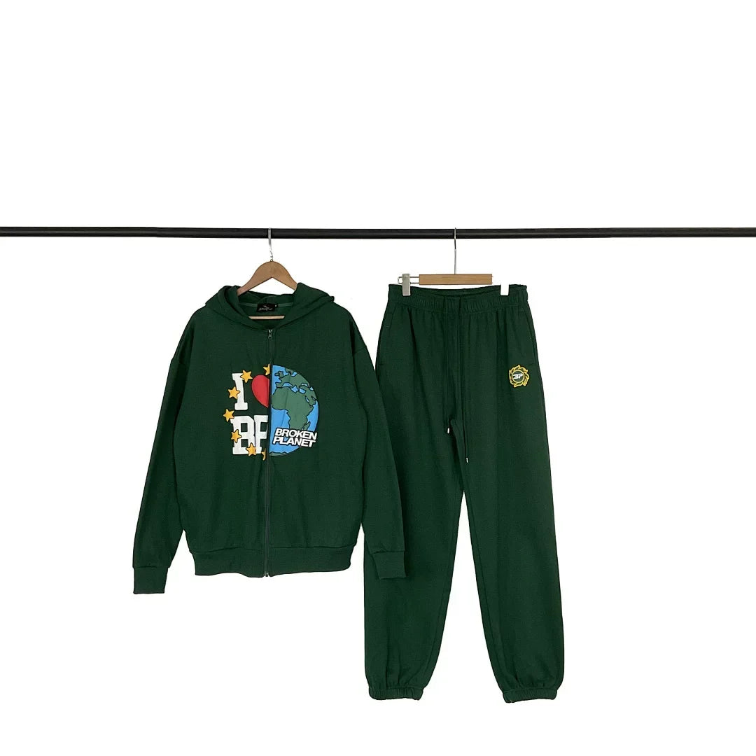 Broken Planet I Love BP Earth Graphic Zip‑Up Tracksuit Set (3 Colors)
