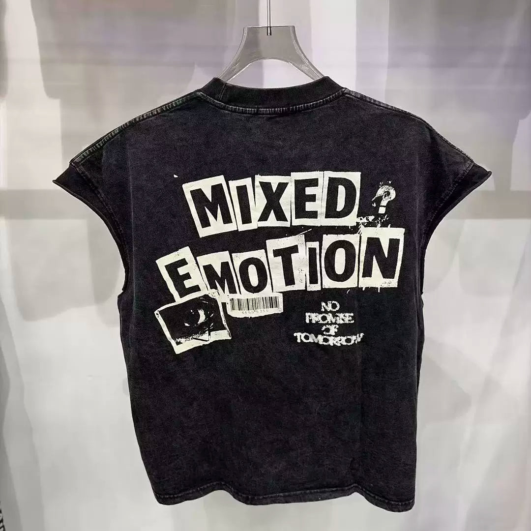 Mixed Emotion Washed Graphic Cut‑Off Sleeveless Tank Top